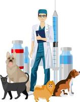 Pet veterinarian. Veterinary doctor checking and treating animals. Idea of pet care. Animal medical treatment and vaccination. Vector Illustration of man veterinarian with cute pets, dogs, cat