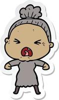 sticker of a cartoon angry old woman vector