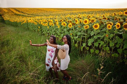 dos jóvenes amigas negras usan pose de vestido de verano en un campo de girasoles. foto