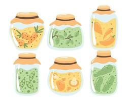 Pickles set. Homemade pickles with cucumber, olives and carrots. Home canned vegetables. Vector illustration.