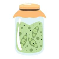 Pickles with peas. A jar of canned beans. Homemade pickles. Pickles from vegetables. Vector illustration.