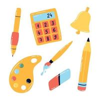 Back to school set. Set of school elements. Pen, pencil, eraser, calculator, bell, palette. Vector illustration.