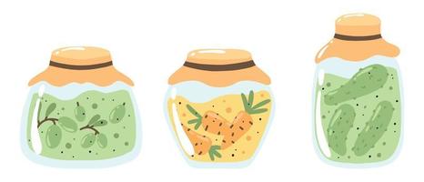 Pickles set. Homemade pickles with cucumber, olives and carrots. Home canned vegetables. Vector illustration.