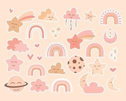 Set of boho stickers. Cute stickers with moon, stars and clouds. Stickers in boho style. Vector illustration.