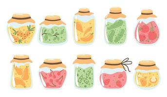 A set of pickles and jams. Collection of jars of pickles with cucumbers, tomatoes, peppers, olives, mushrooms. Strawberry, cherry and pear jam. Vector illustration.