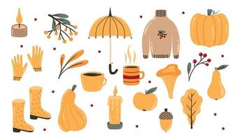 conjunto de elementos de otoño. colección con hojas de otoño, calabazas, champiñones, bayas y más. ilustración vectorial Hola otoño. vector