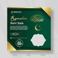 social media post design for ramadan item sale with green and gold color vector