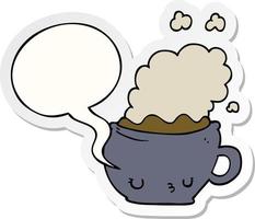 cute cartoon coffee cup and speech bubble sticker vector