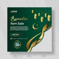 social media post design for ramadan item sale with green and gold color vector