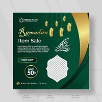 social media post design for ramadan item sale with green and gold color vector