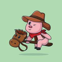 mascota de cerdo vaquero montando un caballo de juguete vector