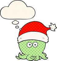 cartoon octopus wearing christmas hat and thought bubble in comic book style vector