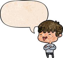 cartoon boy sticking out tongue and speech bubble in retro texture style vector