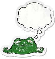 cartoon ugly frog and thought bubble as a distressed worn sticker vector