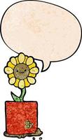 cute cartoon flower and speech bubble in retro texture style vector