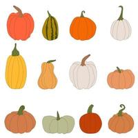 calabazas, halloween, calabazas de cosecha de otoño. colección otoño de acción de gracias y calabazas de halloween vector