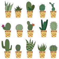 Set Cute doodle cacti in yellow pots. Vector illustration with cute indoor plants. set of 15 plants