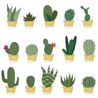 Set Cute doodle cacti in yellow pots. Vector illustration with cute indoor plants. set of 15 plants