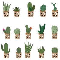 coloque lindos cactus de garabato en ollas de barro. ilustración vectorial con lindas plantas de interior. conjunto de 15 plantas vector