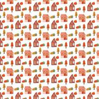 Seamless pattern with cute houses. Autumn trees and houses autumn pattern vector