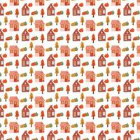 Seamless pattern with cute houses. Autumn trees and houses autumn pattern vector