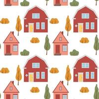 Seamless pattern with cute houses. Autumn trees and houses autumn pattern vector