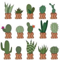 Set Cute doodle cacti in clay pots. Vector illustration with cute indoor plants. set of 15 plants