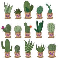 Set Cute doodle cacti in clay pots. Vector illustration with cute indoor plants. set of 15 plants
