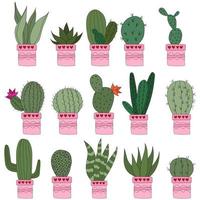 Set Cute doodle cacti in pink pots. Vector illustration with cute indoor plants. set of 15 plants