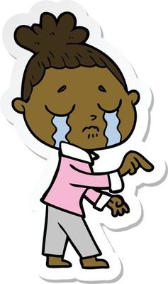 sticker of a cartoon crying woman pointing