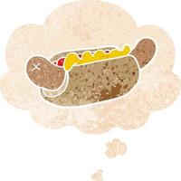 cartoon hot dog and thought bubble in retro textured style vector