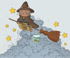 Witcher cat illustration flying on a broom with an aquarium in the clouds vector