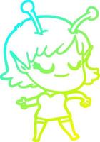 dibujo de línea de gradiente frío dibujos animados de niña alienígena sonriente vector