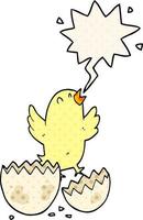 cartoon bird hatching from egg and speech bubble in comic book style vector