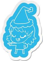 happy cartoon  sticker of a elf girl pointing wearing santa hat vector