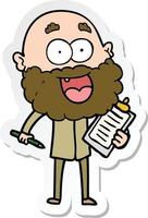 sticker of a cartoon crazy happy man with beard and clip board for notes vector