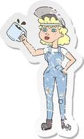 retro distressed sticker of a cartoon woman in dungarees vector