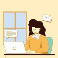 Business woman working using laptop to chat with client in flat design vector