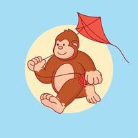 Monkey playing with red kite  cartoon vector icon illustration