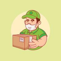 Delivery service worker holding cardboard in flat cartoon style vector