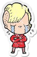 distressed sticker of a cartoon crying girl with crossed arms vector