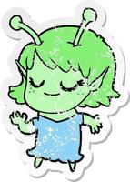 distressed sticker of a smiling alien girl cartoon vector