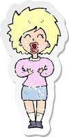 retro distressed sticker of a cartoon screaming woman vector