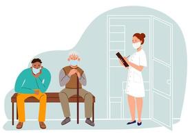 The doctor calls the patient to the office. masked people of different ages waiting in line. vector