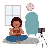 The girl takes online classes on the phone, does yoga. The concept of Stay at home. vector