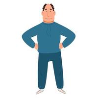 A gray-haired man in a tracksuit with his hands on his waist. vector