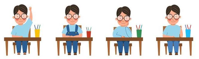 A set of illustrations with a student sitting at a classroom desk. An Asian boy with glasses at the table raised his hand. vector