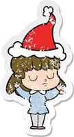 distressed sticker cartoon of a indifferent woman wearing santa hat vector