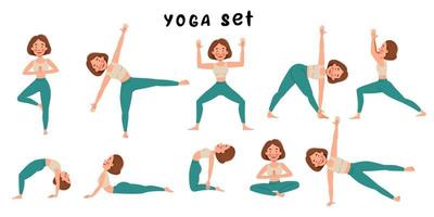 un conjunto de una chica haciendo yoga yoga. chica delgada en varias poses sobre un fondo blanco. vector