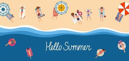 People on the beach or on the seashore relax and sunbathe, swim on inflatable circles. Lettering with the inscription hello summer. vector